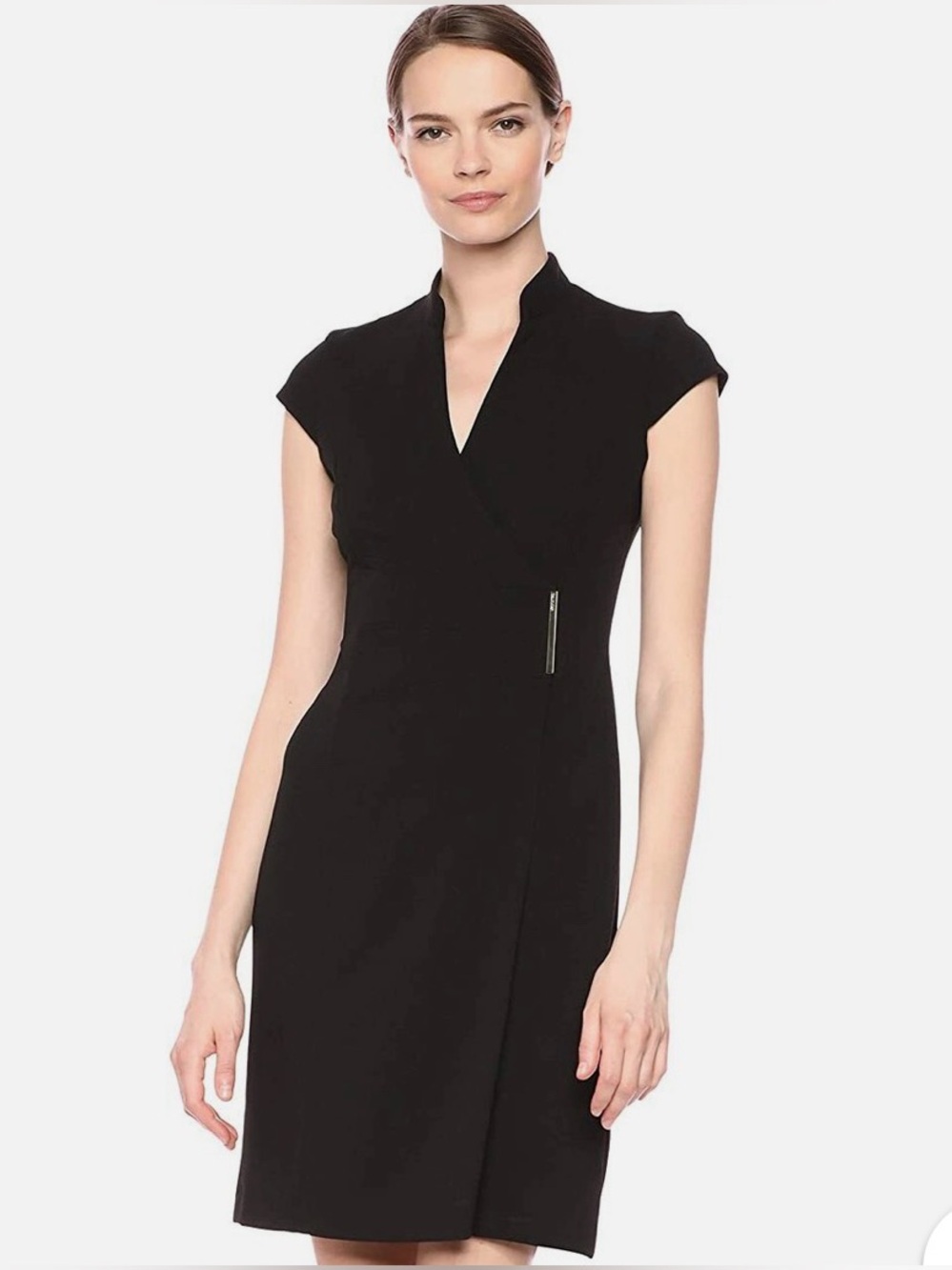 Calvin Klein Black Faux Wrap Sheath Dress Short Sleeve Size 10 Lined